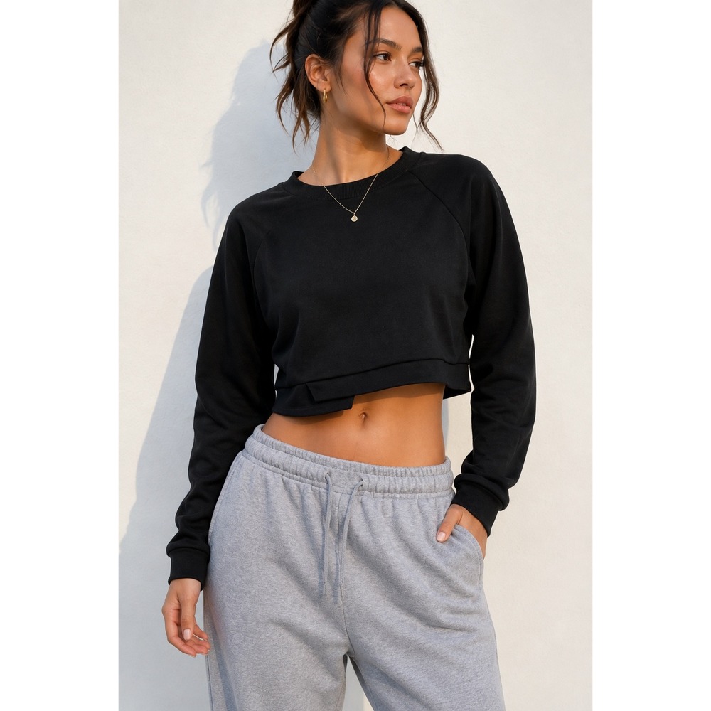 Black Cropped Raglan Long Sleeve Top Layered Hem Y2K Minimalist Area Stars L